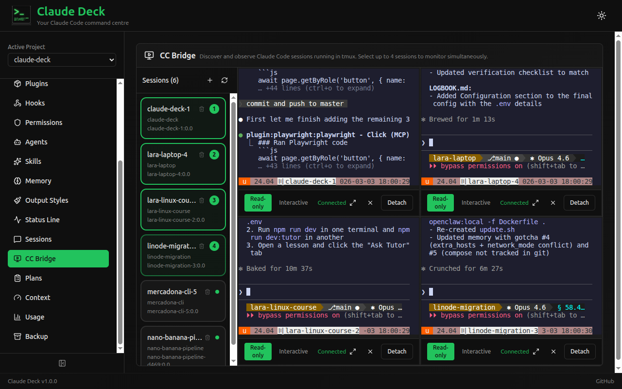 Claude Deck CC Bridge with 4 terminal sessions